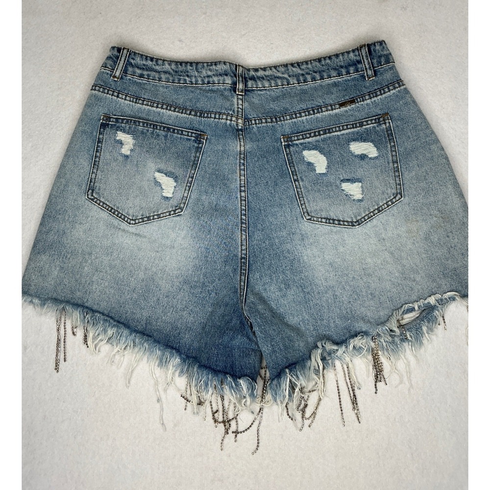 Hen‎ & Hay Diamond Glitz Distressed Rhinestone Fringe Denim Shorts Light Wash XL - Picture 6 of 9